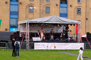 Stage and sound setup outside the Excel Centre